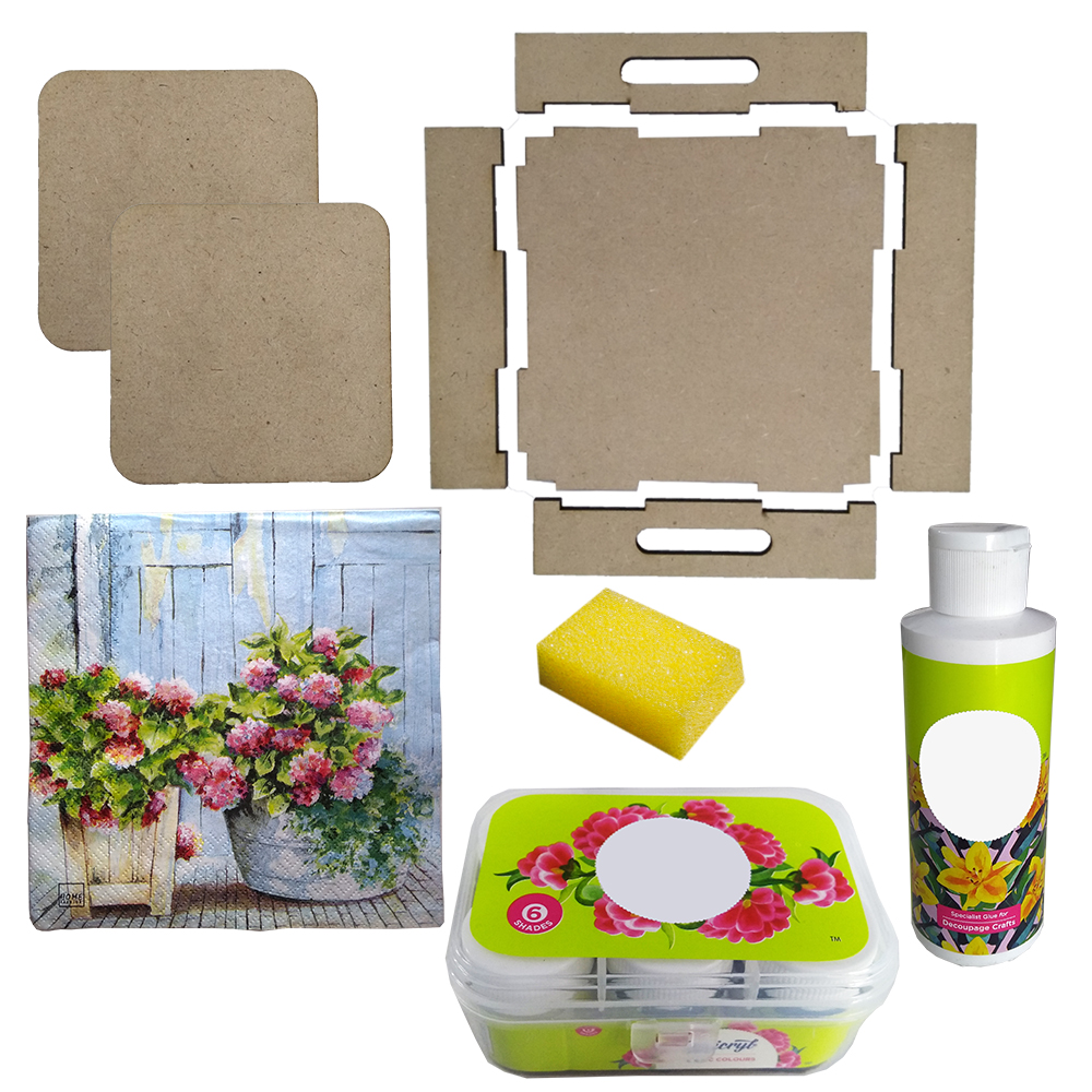 Decoupage Art on MDF Tray With Square Tea Coasters  DIY Kit by Penkraft